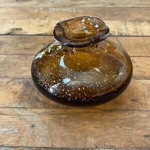 Hand Blown Amber Clear Glass Short Round Bud Vase Speckled